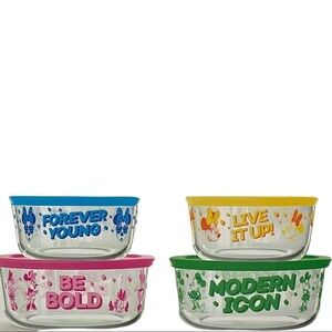 Pyrex Disney Minnie Decorated Glass Food Storage 4 Bowls plus Lids